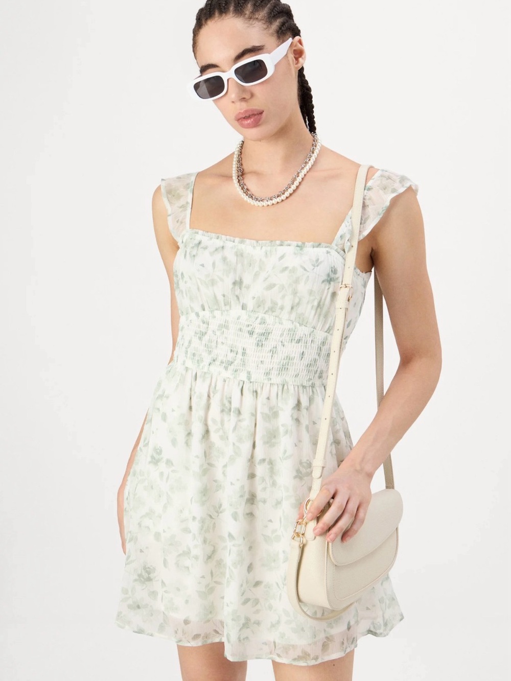 Hollister Saidie Mini Flutter Strap Smock Boho Babydoll Dress Green Floral Sz XL